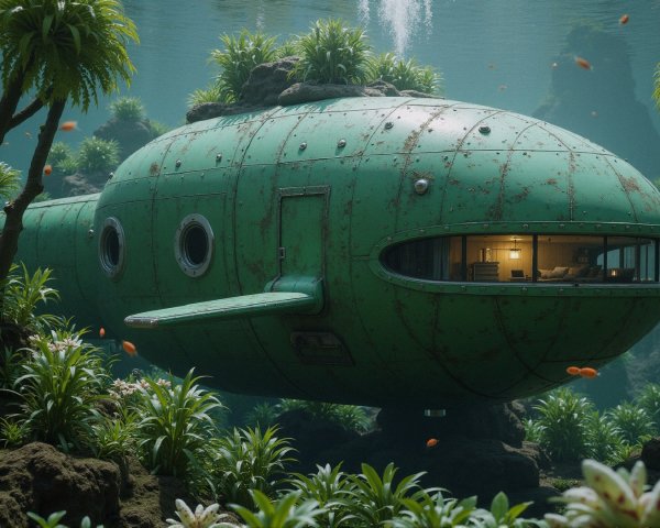 Whimsical Green Submarine Surrounded by Marine Life