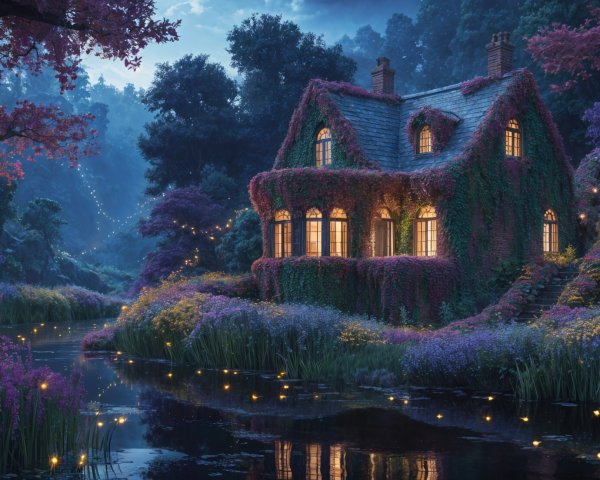 Charming Cottage by a Serene River at Twilight