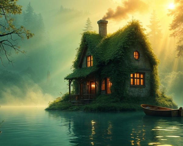 Ivy-Covered Cottage by Misty Lake with Sunlight