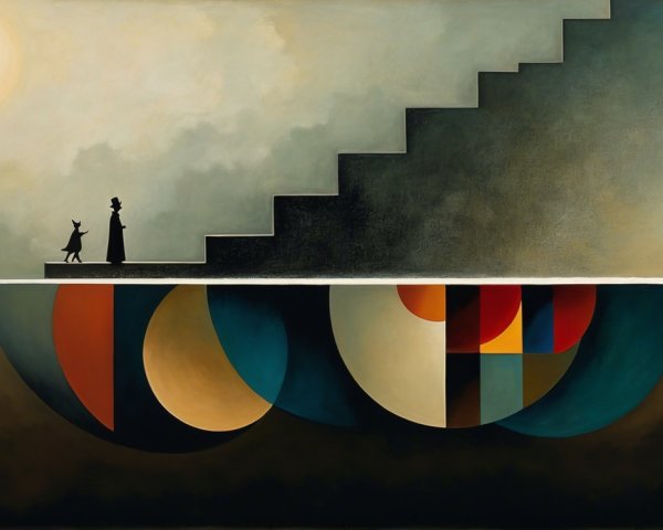 Surreal Minimalist Painting with Figures and Abyss