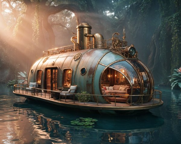 Steampunk-Inspired Houseboat on a Tranquil River