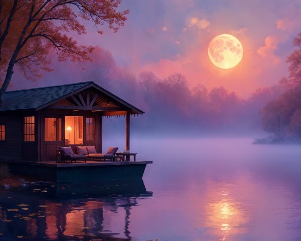 Cozy Cabin on Stilts by a Moonlit Lake