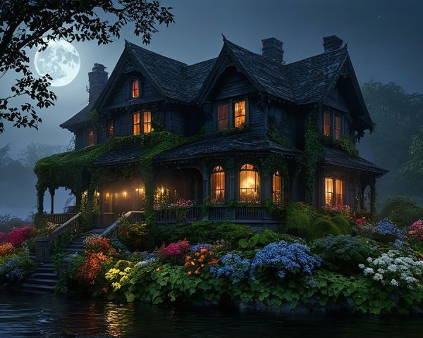 Ivy-Covered Victorian House by Moonlit Lake