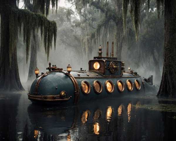 Vintage submarine in a misty swamp setting
