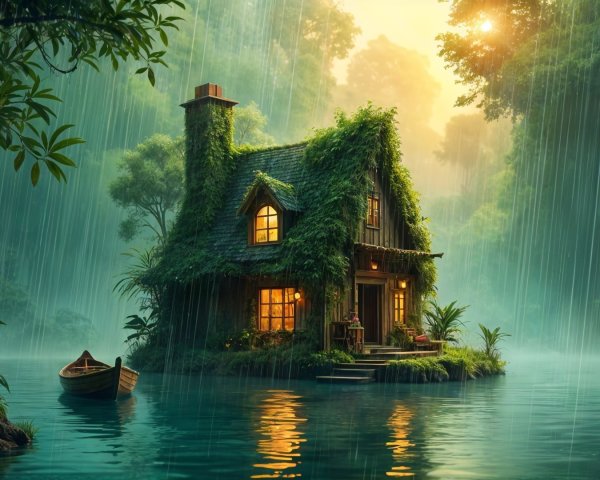 Moss-Covered Cottage by Tranquil Lake in Misty Setting