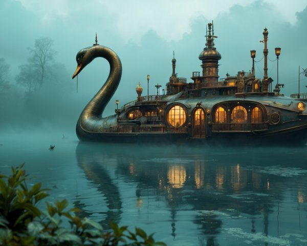 Majestic Steampunk Swan Vessel in Foggy Waters