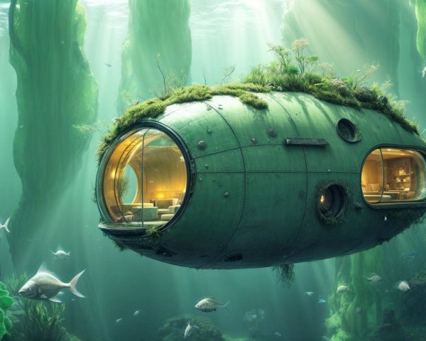 Futuristic Underwater Capsule Residence with Marine Life