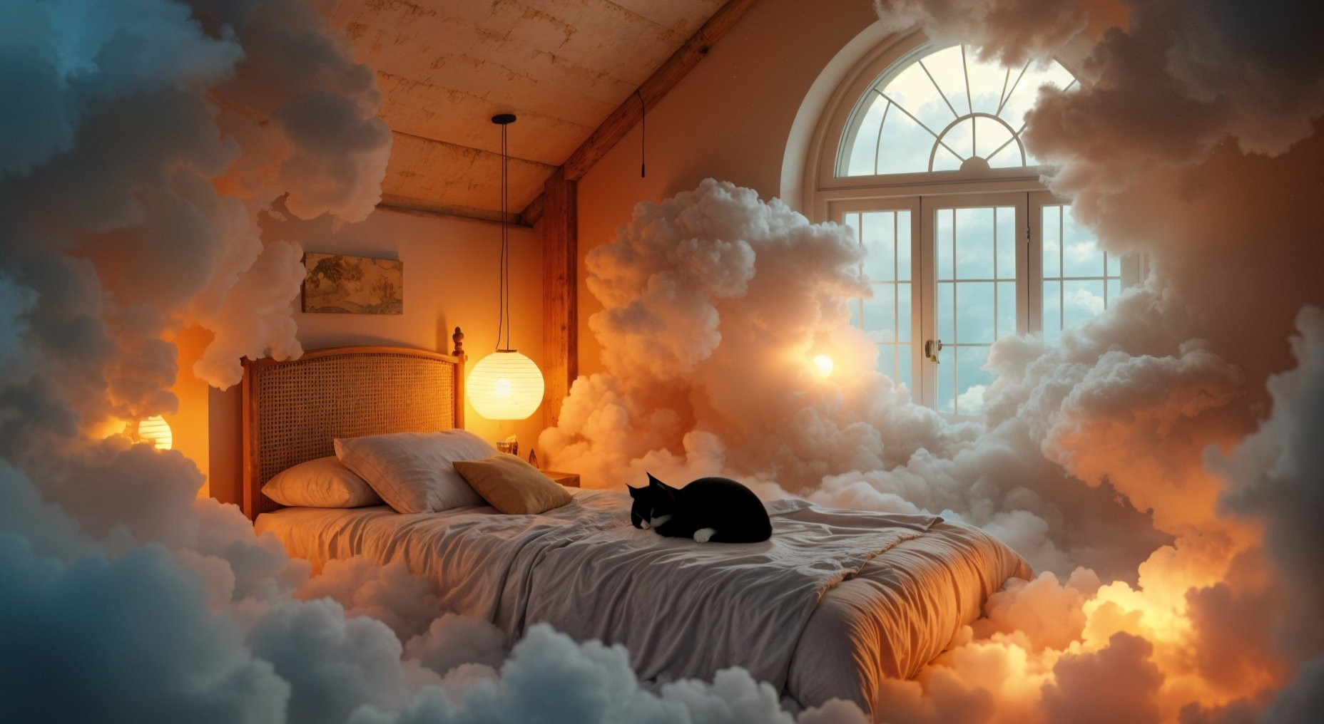 Cozy Bedroom with Soft Clouds and Peaceful Cat