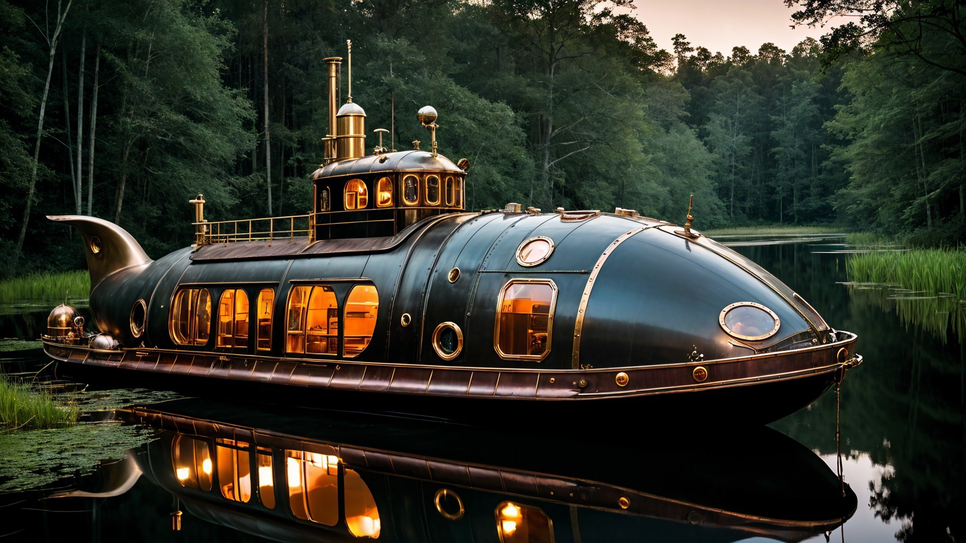 Steampunk Houseboat on a Tranquil River at Dusk