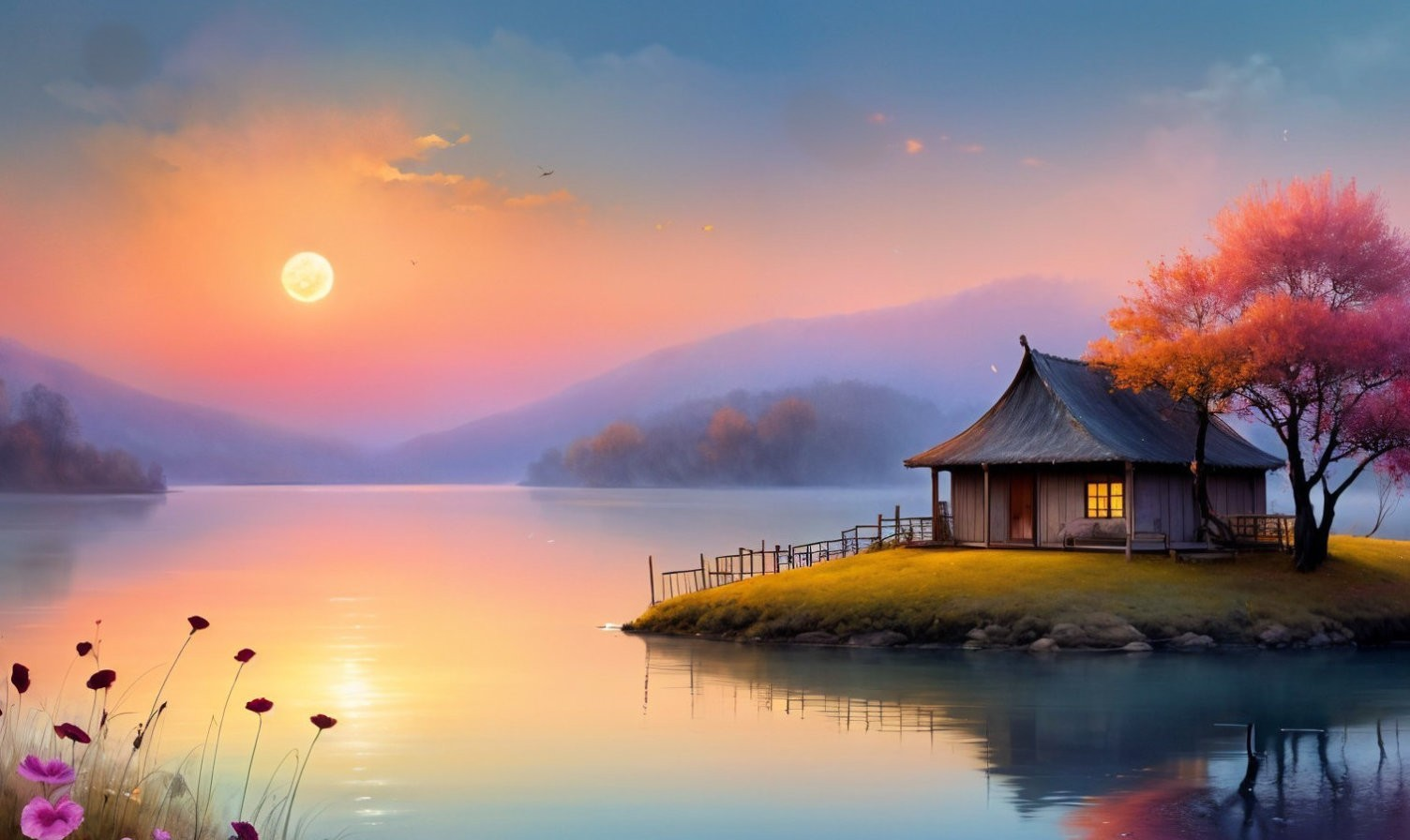 Serene Sunrise Landscape with Tranquil Lake and Hut