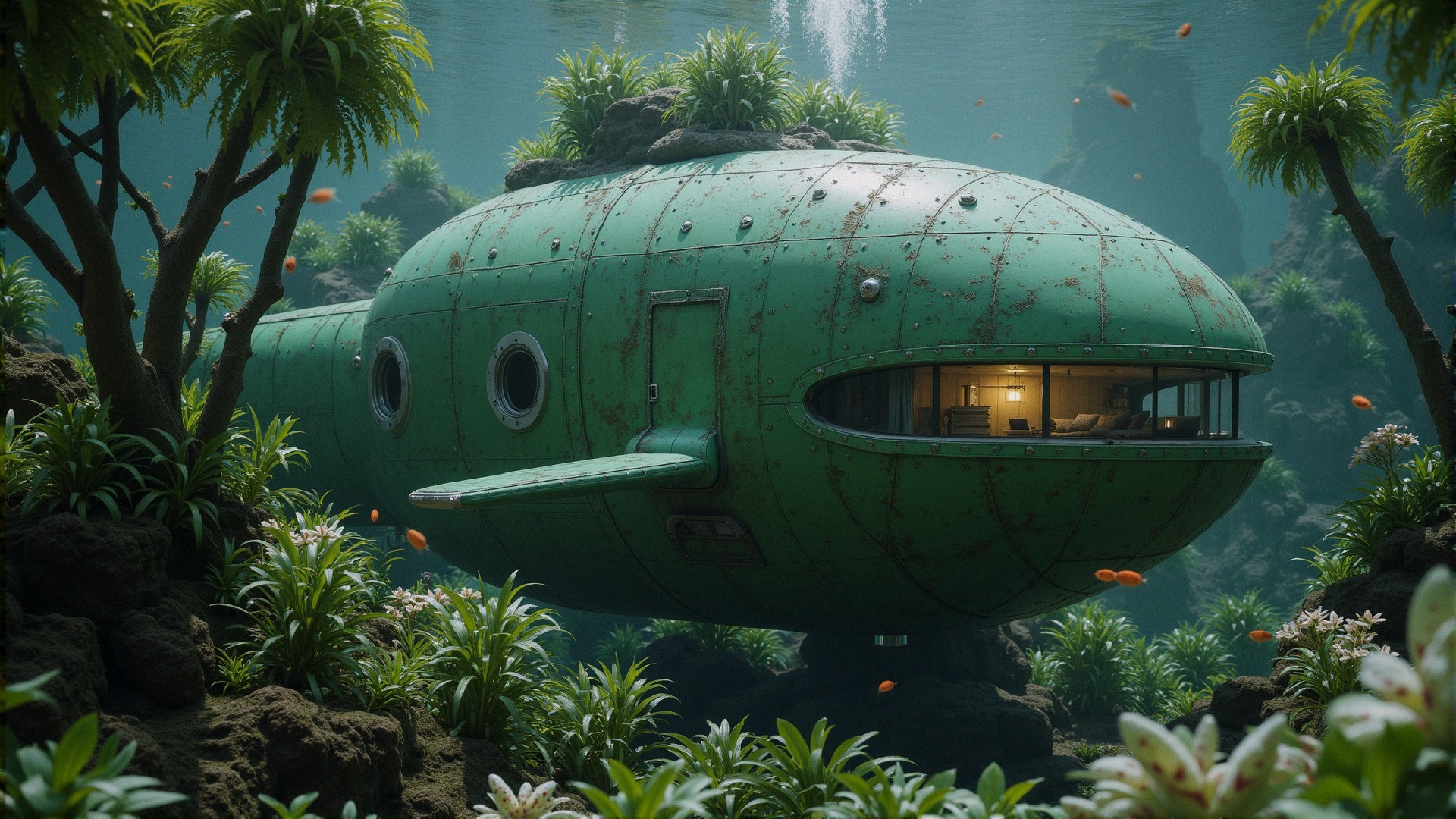 Whimsical Green Submarine Surrounded by Marine Life