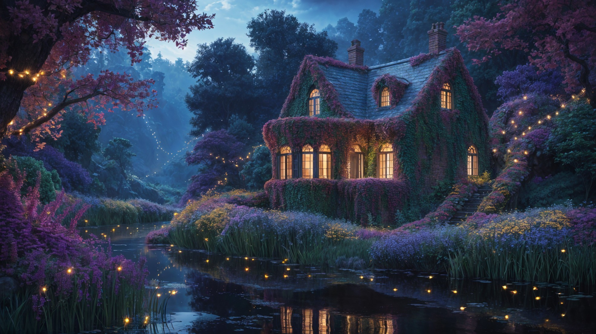 Charming Cottage by a Serene River at Twilight