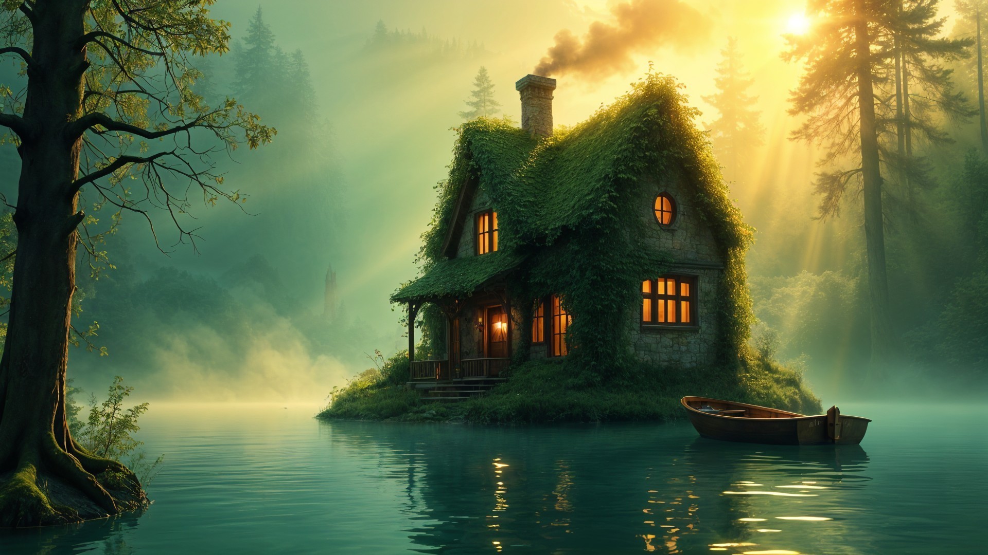 Ivy-Covered Cottage by Misty Lake with Sunlight