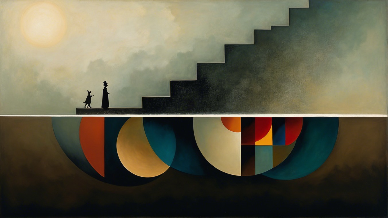 Surreal Minimalist Painting with Figures and Abyss