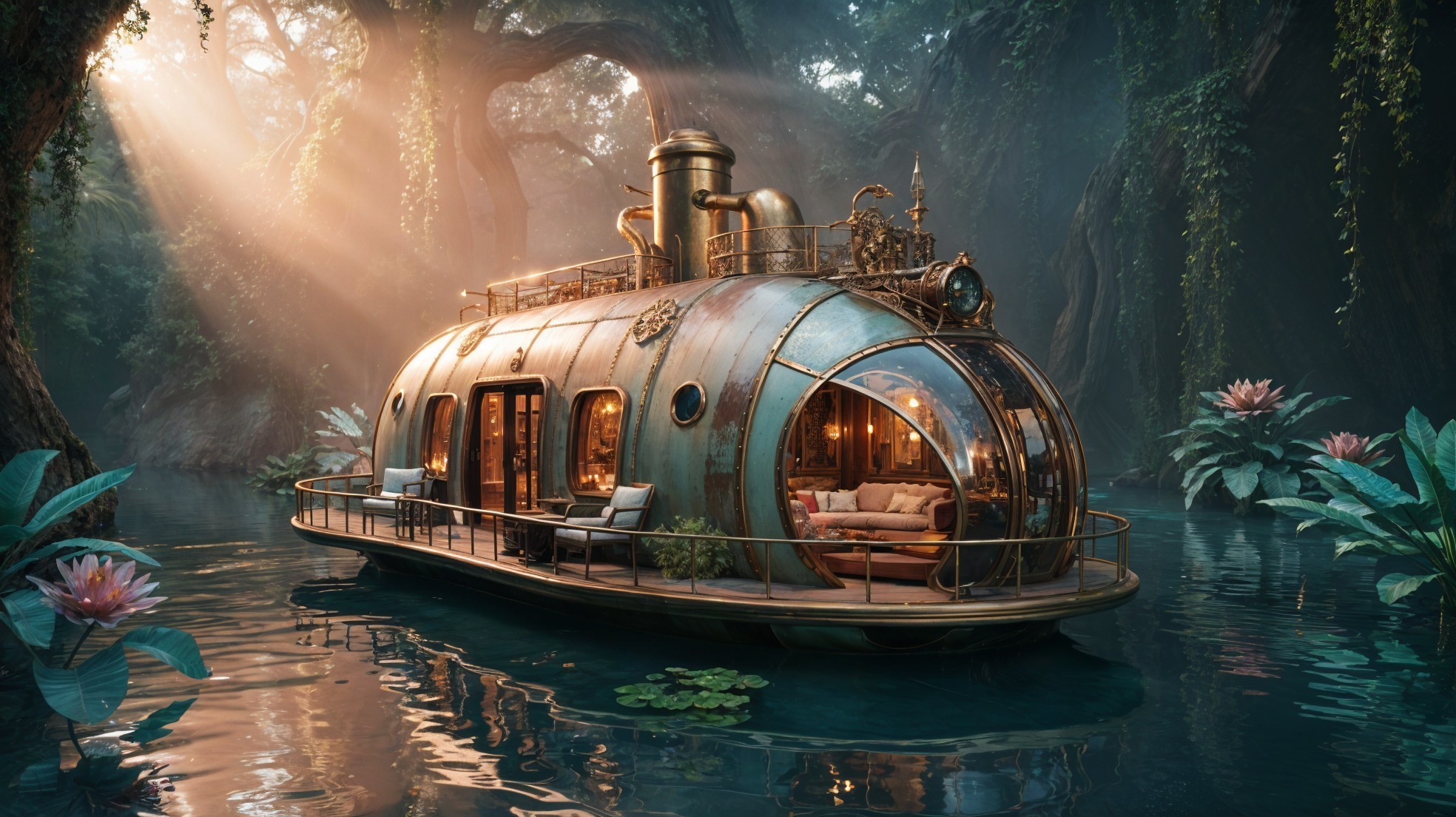 Steampunk-Inspired Houseboat on a Tranquil River