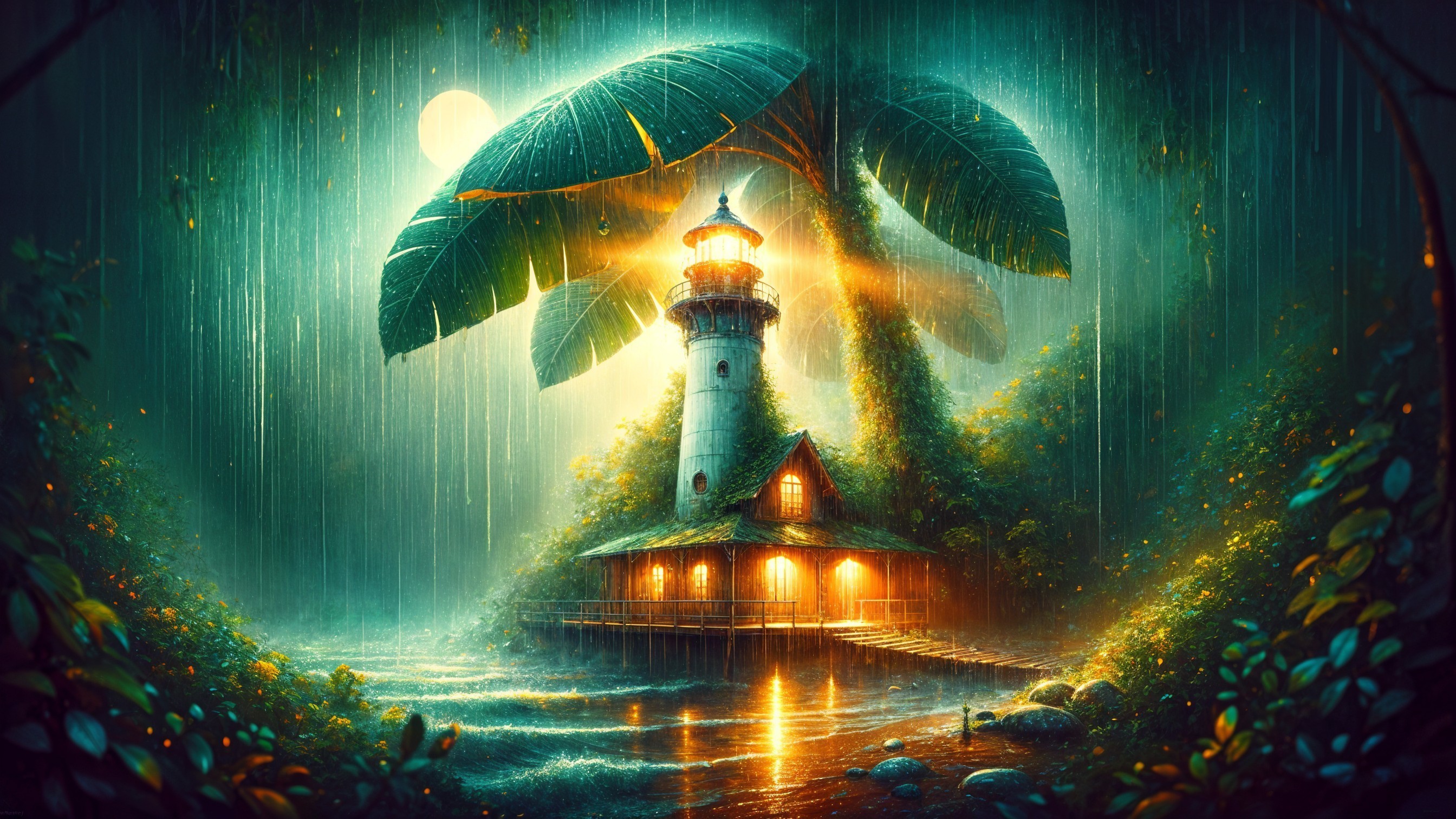 Mystical lighthouse in a lush, rainy landscape