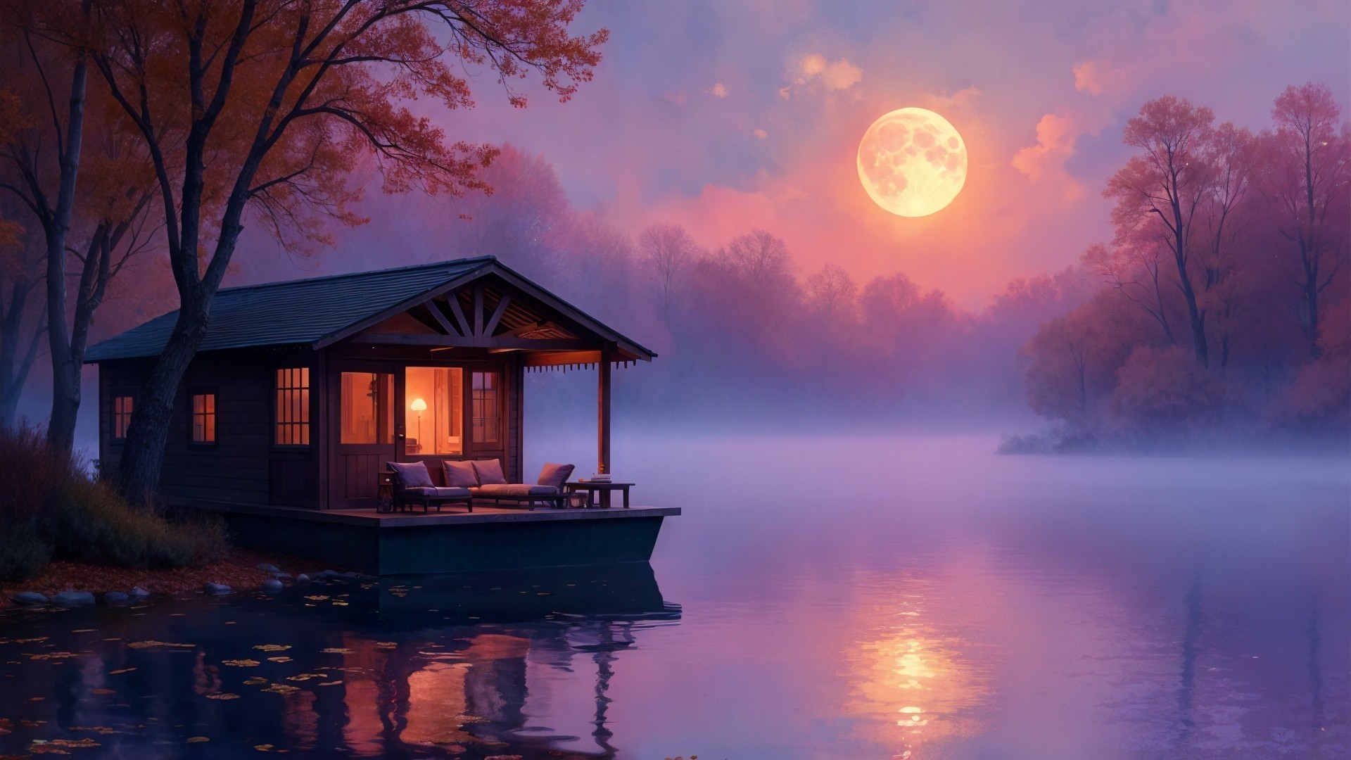 Cozy Cabin on Stilts by a Moonlit Lake