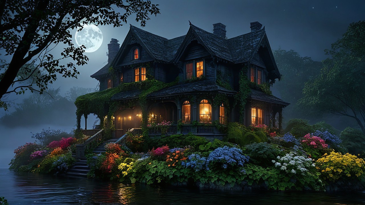 Ivy-Covered Victorian House by Moonlit Lake