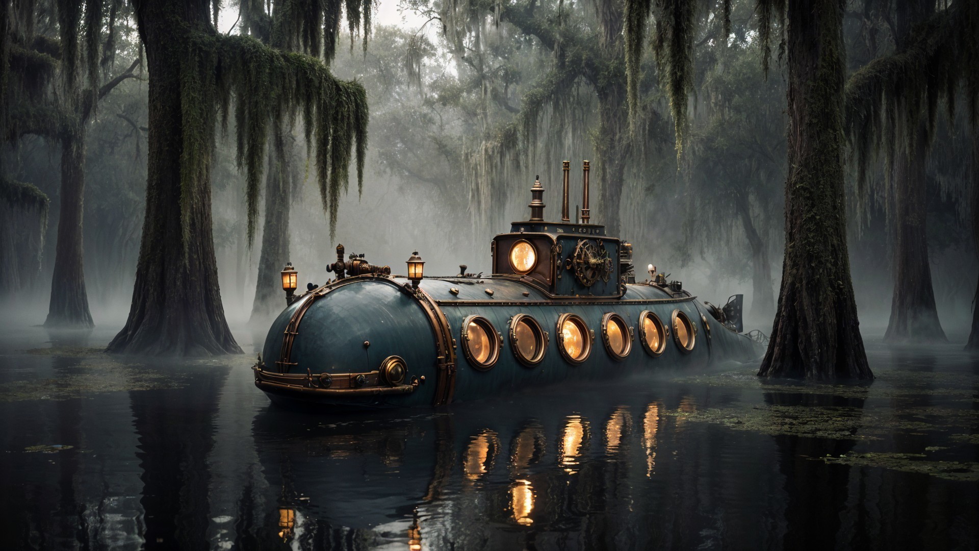 Vintage submarine in a misty swamp setting