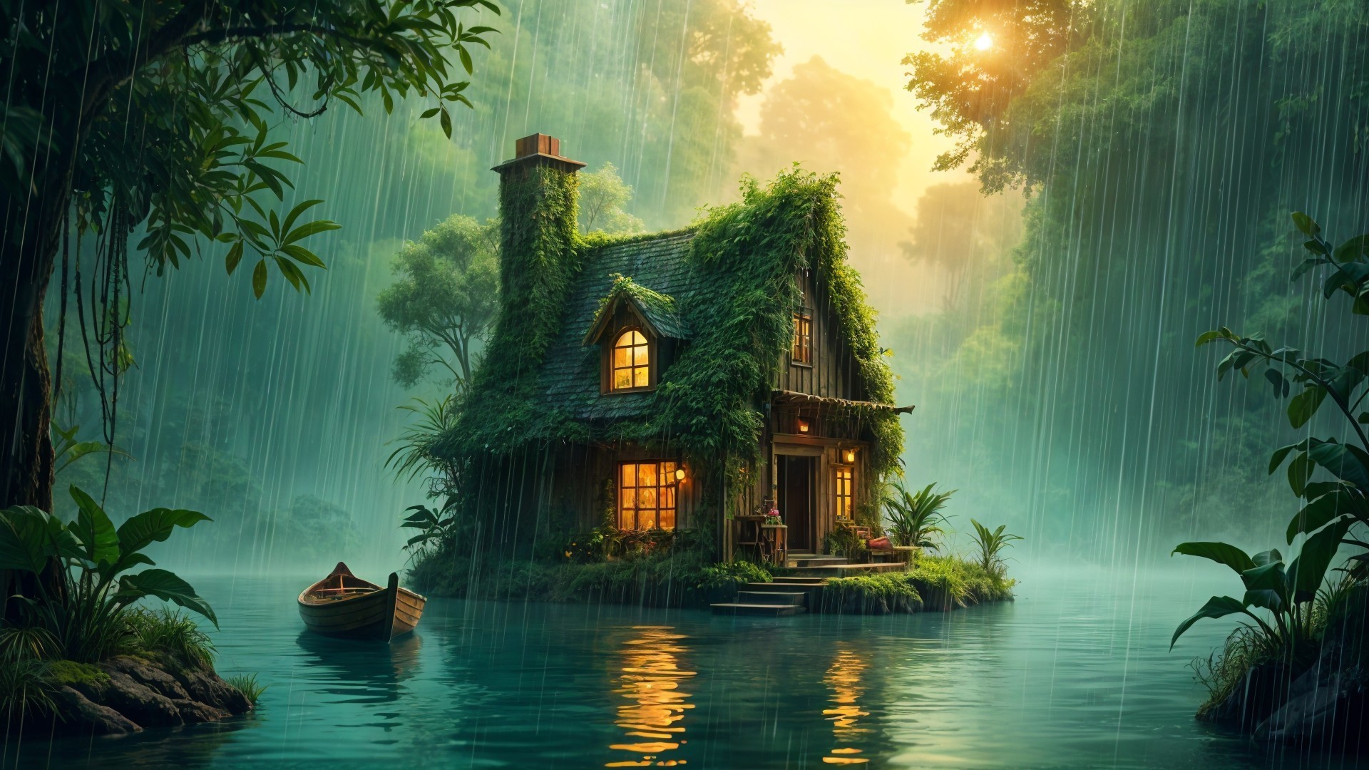 Moss-Covered Cottage by Tranquil Lake in Misty Setting
