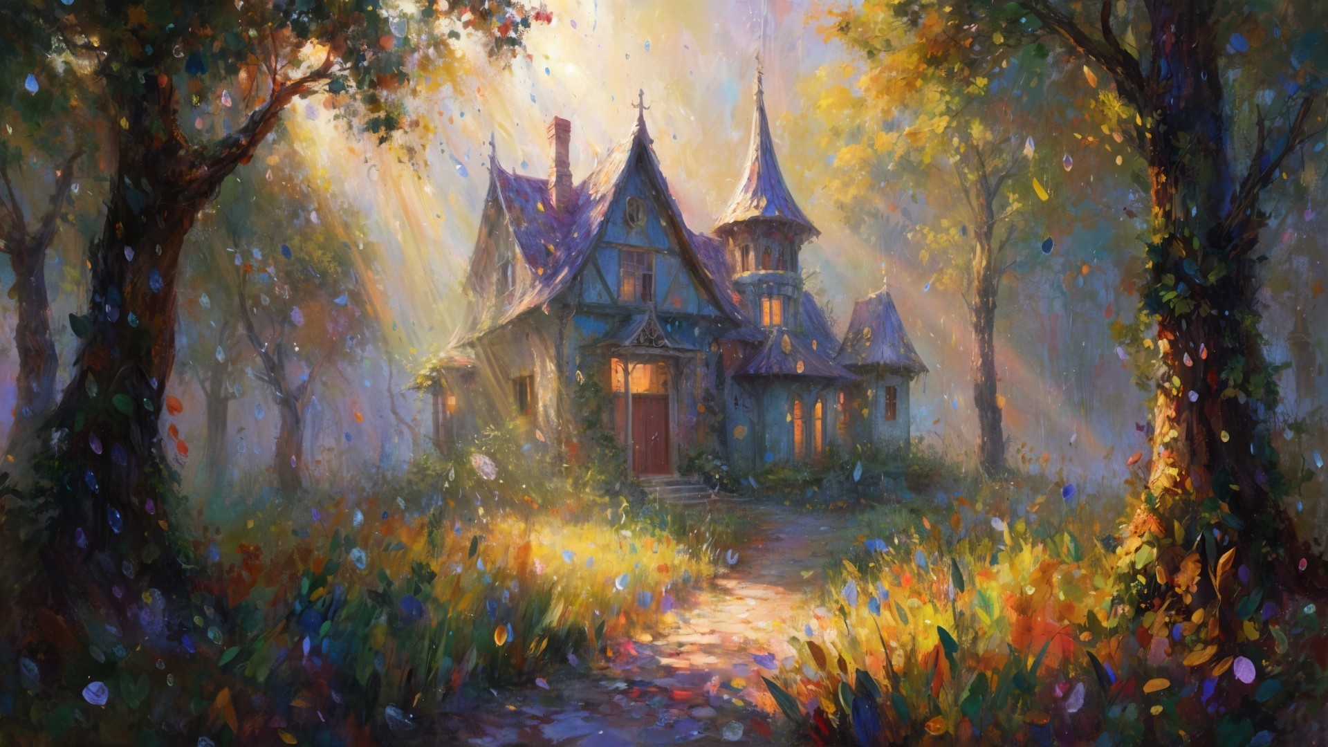 Enchanted Cottage in a Colorful Forest Setting