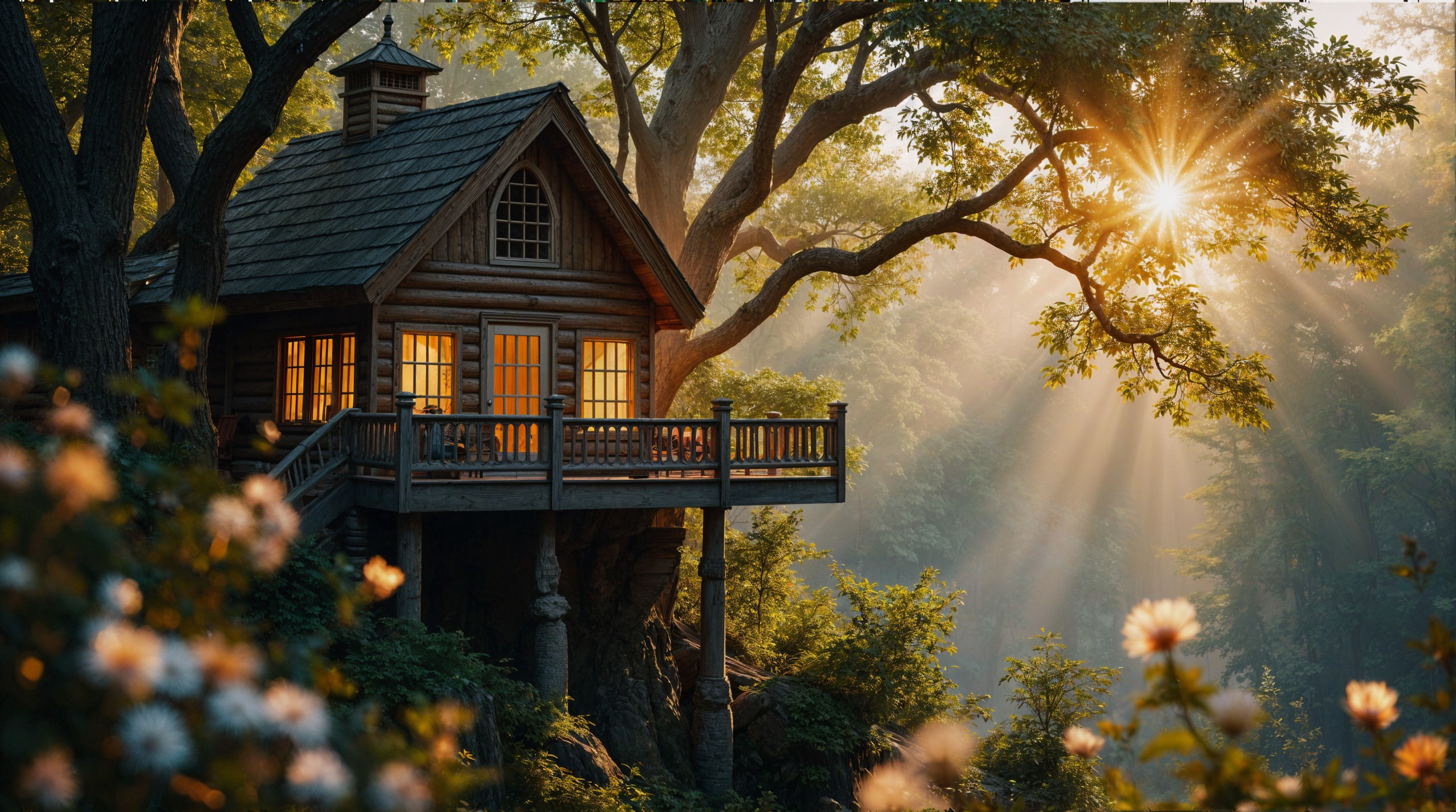 Rustic Wooden Cabin Surrounded by Lush Greenery