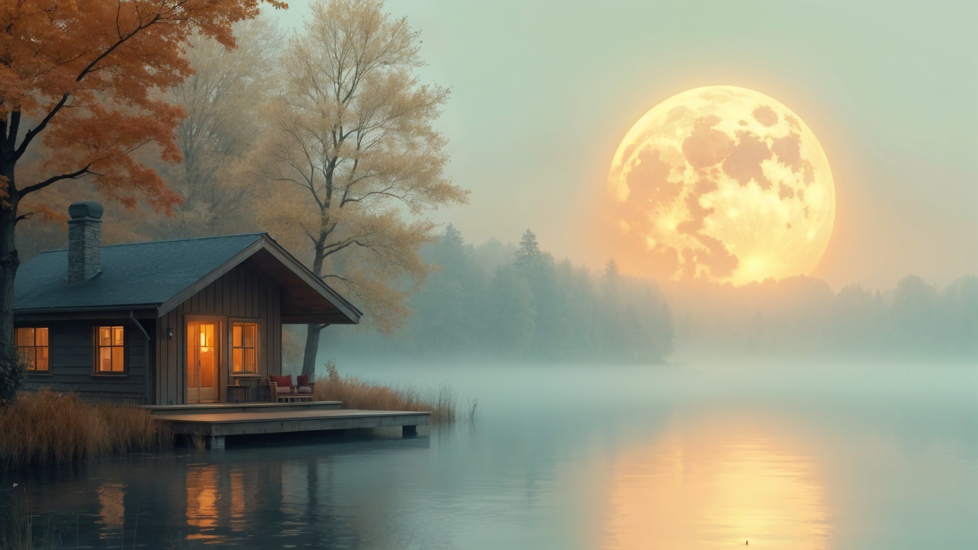Cozy Cabin by Serene Lakeside with Autumn Foliage