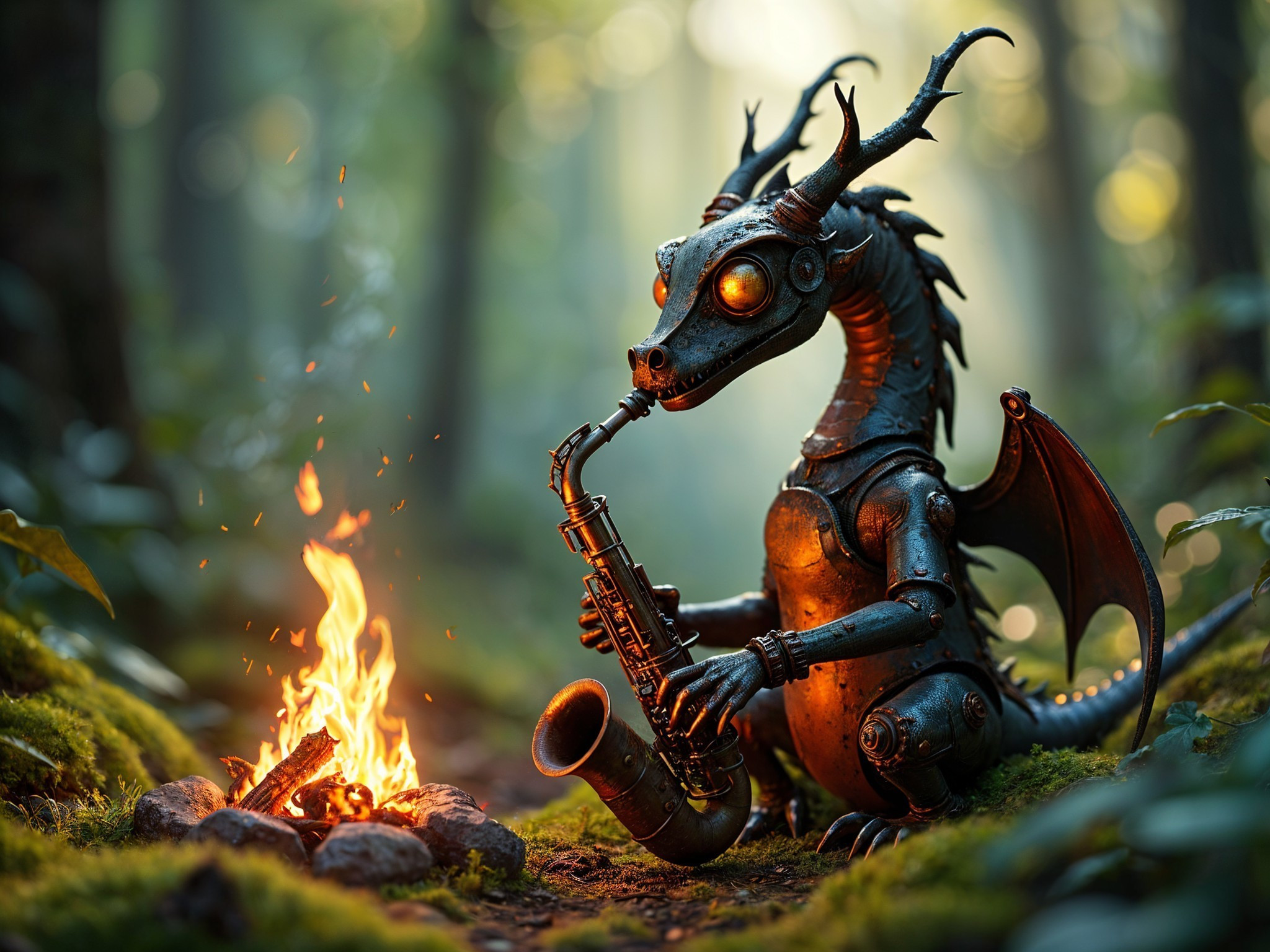 Mechanical Dragon Playing Saxophone in Mystical Forest