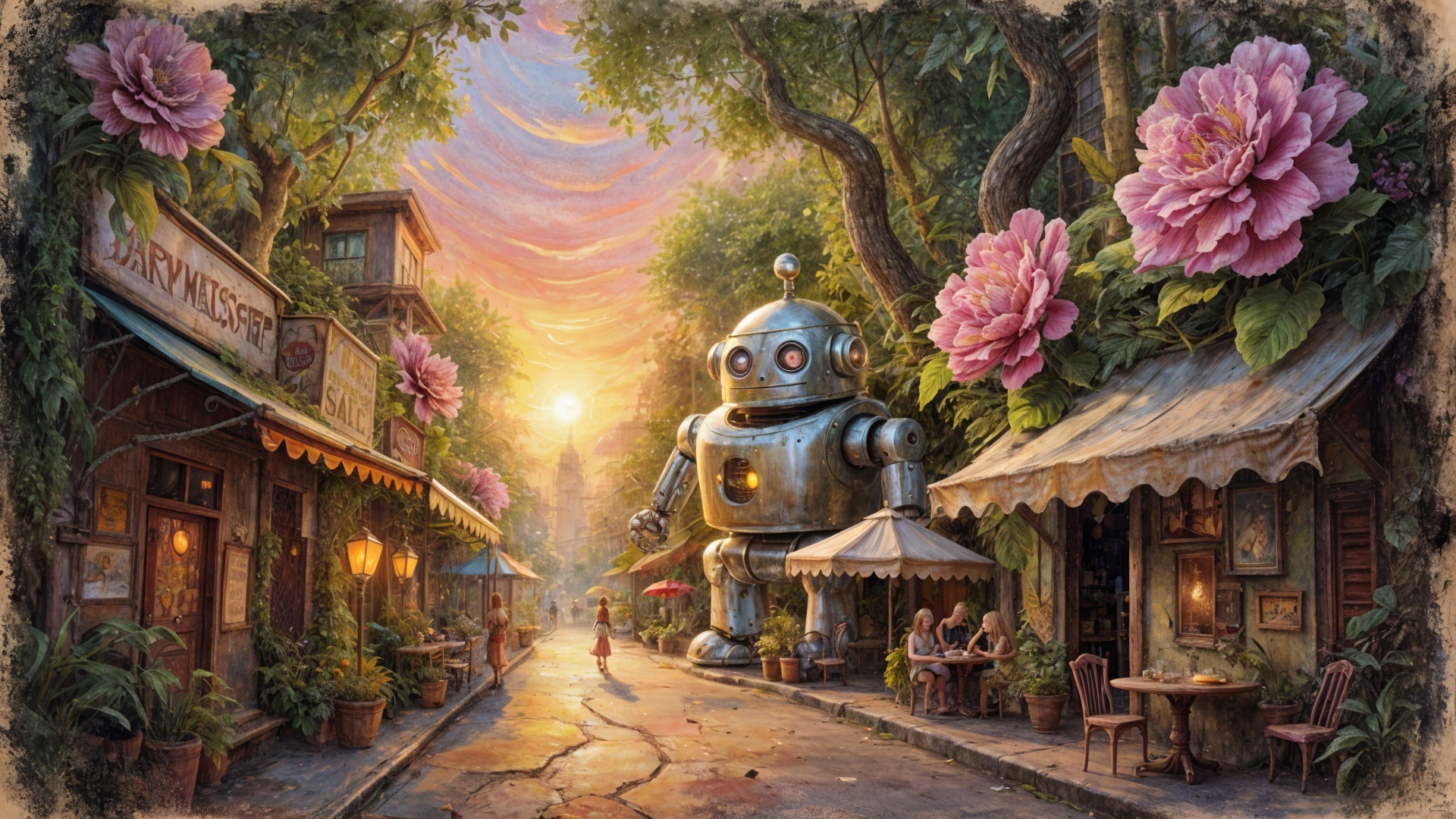 Whimsical Sunset Street Scene with Giant Robot
