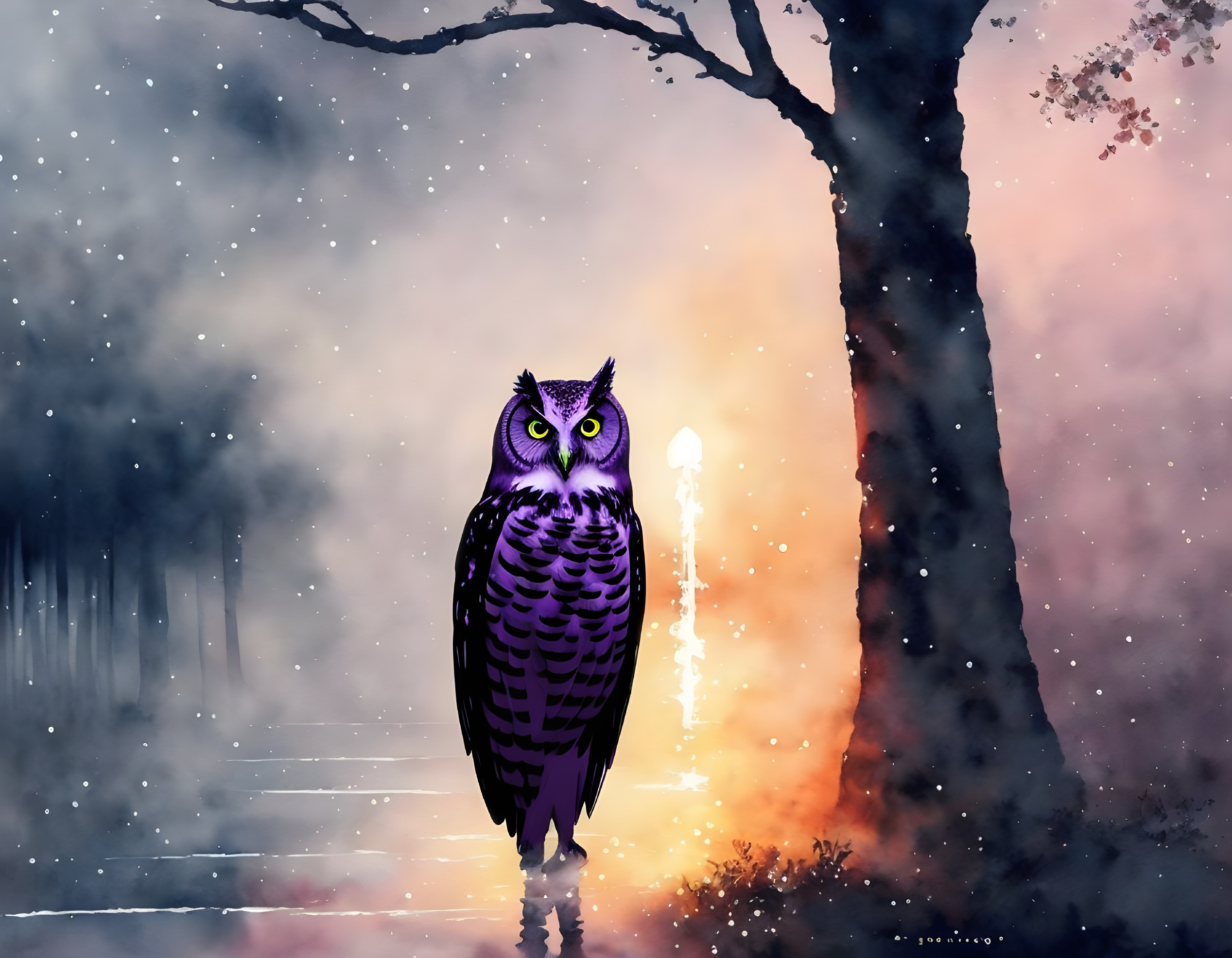 Purple owl illustration perched by street lamp on misty forest path