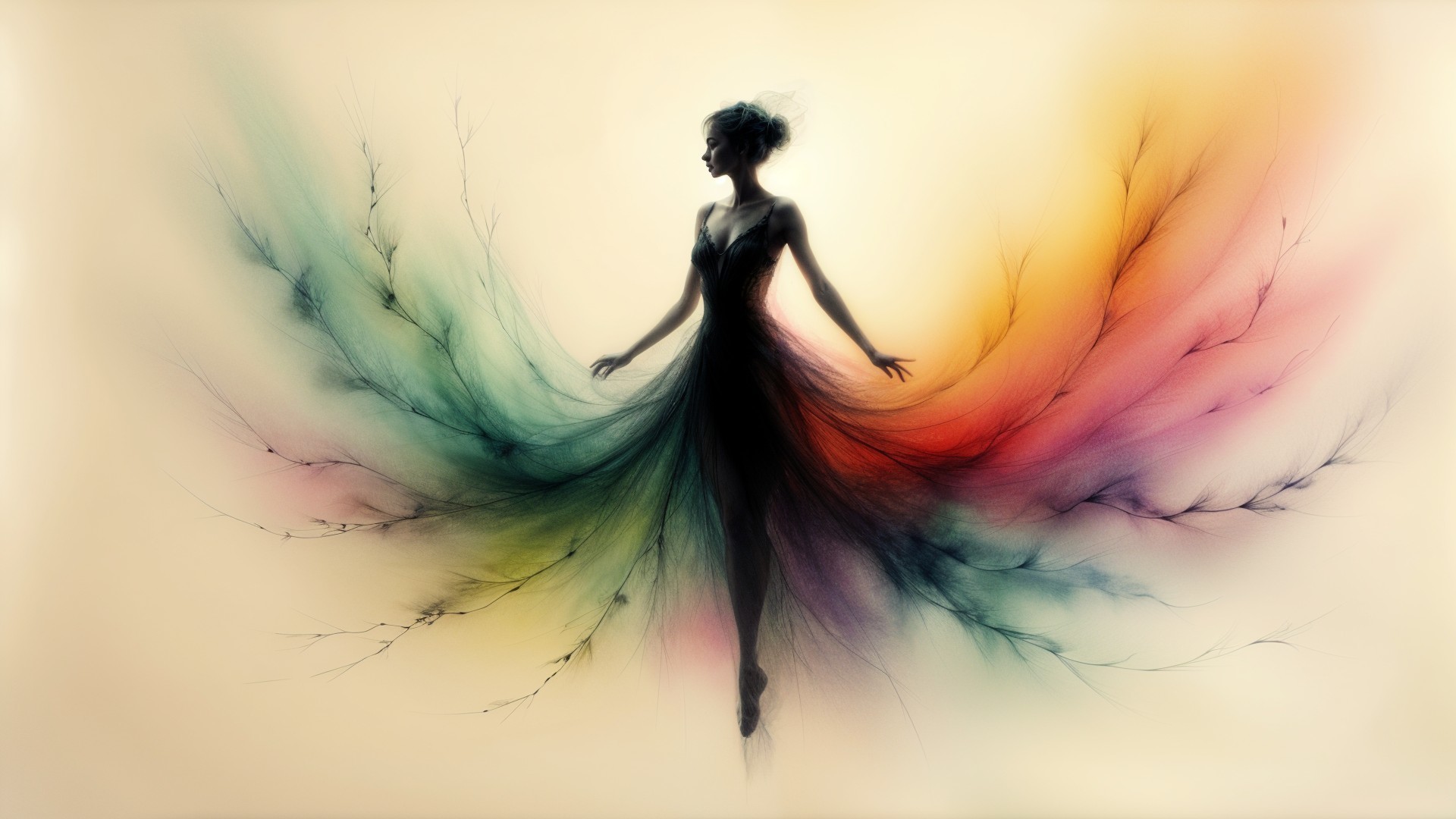 Silhouette of a Woman in a Colorful Ethereal Gown
