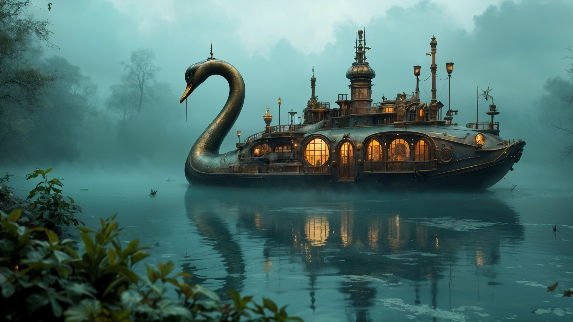 Majestic Steampunk Swan Vessel in Foggy Waters