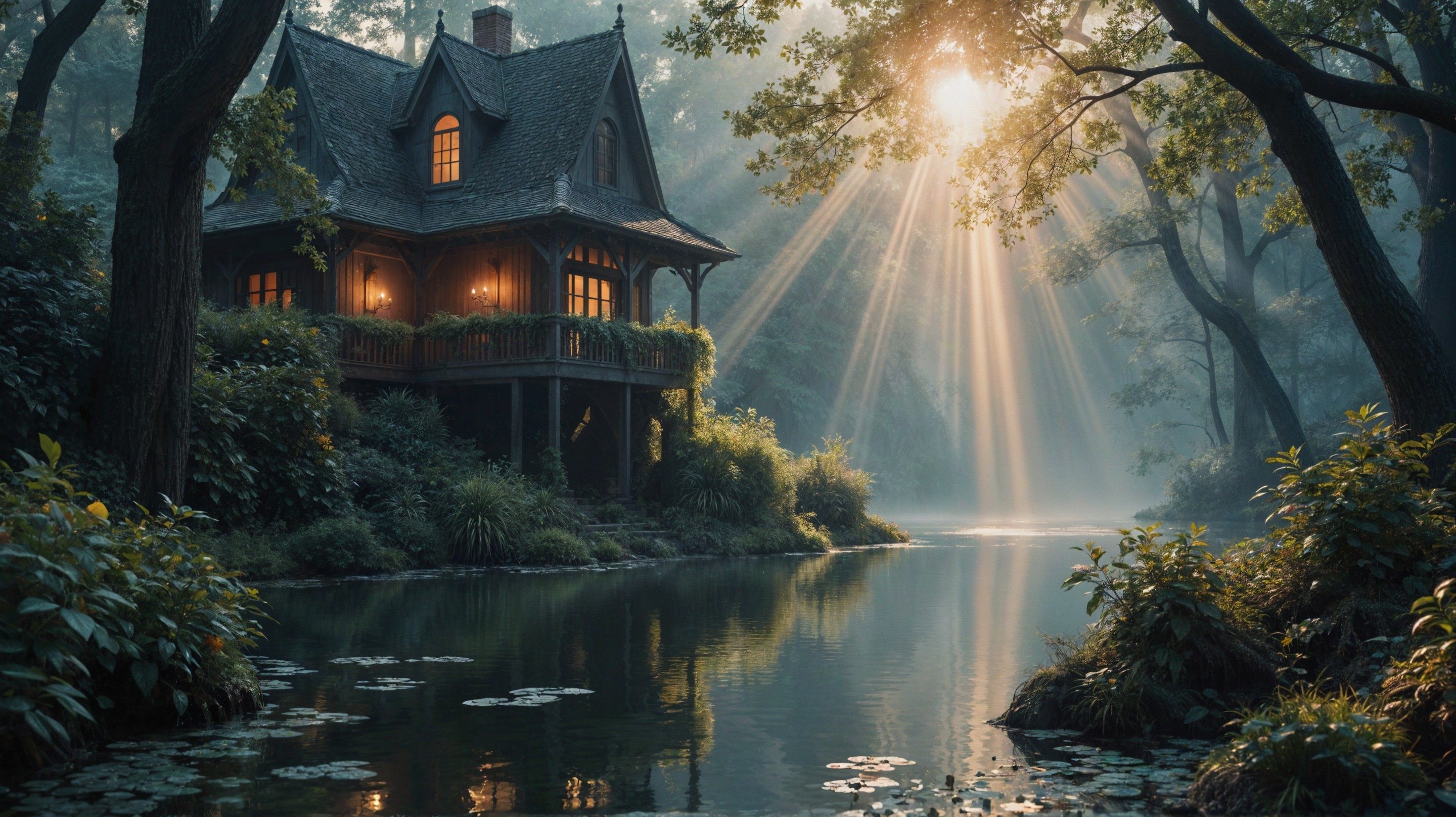 Quaint House by Tranquil Pond in Enchanting Scene