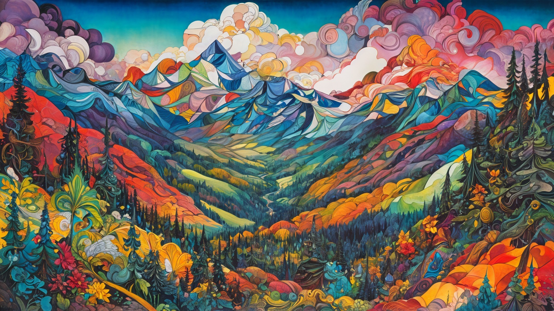 Vibrant Surreal Landscape with Colorful Mountains and Flora