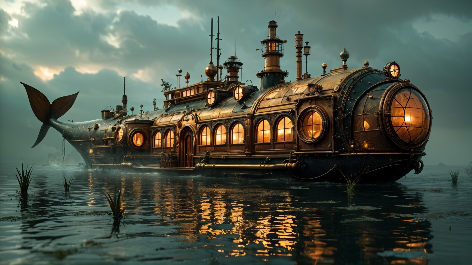 Steampunk Whale Submarine with Brass Detailing