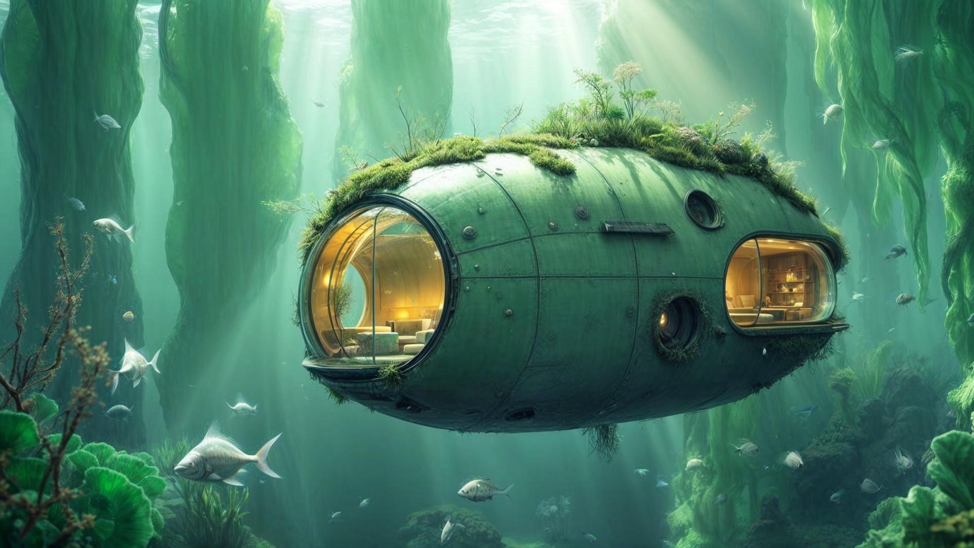 Futuristic Underwater Capsule Residence with Marine Life
