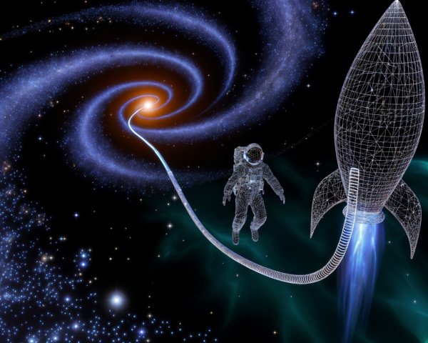 Wireframe Astronaut and Rocket in Cosmic Scene