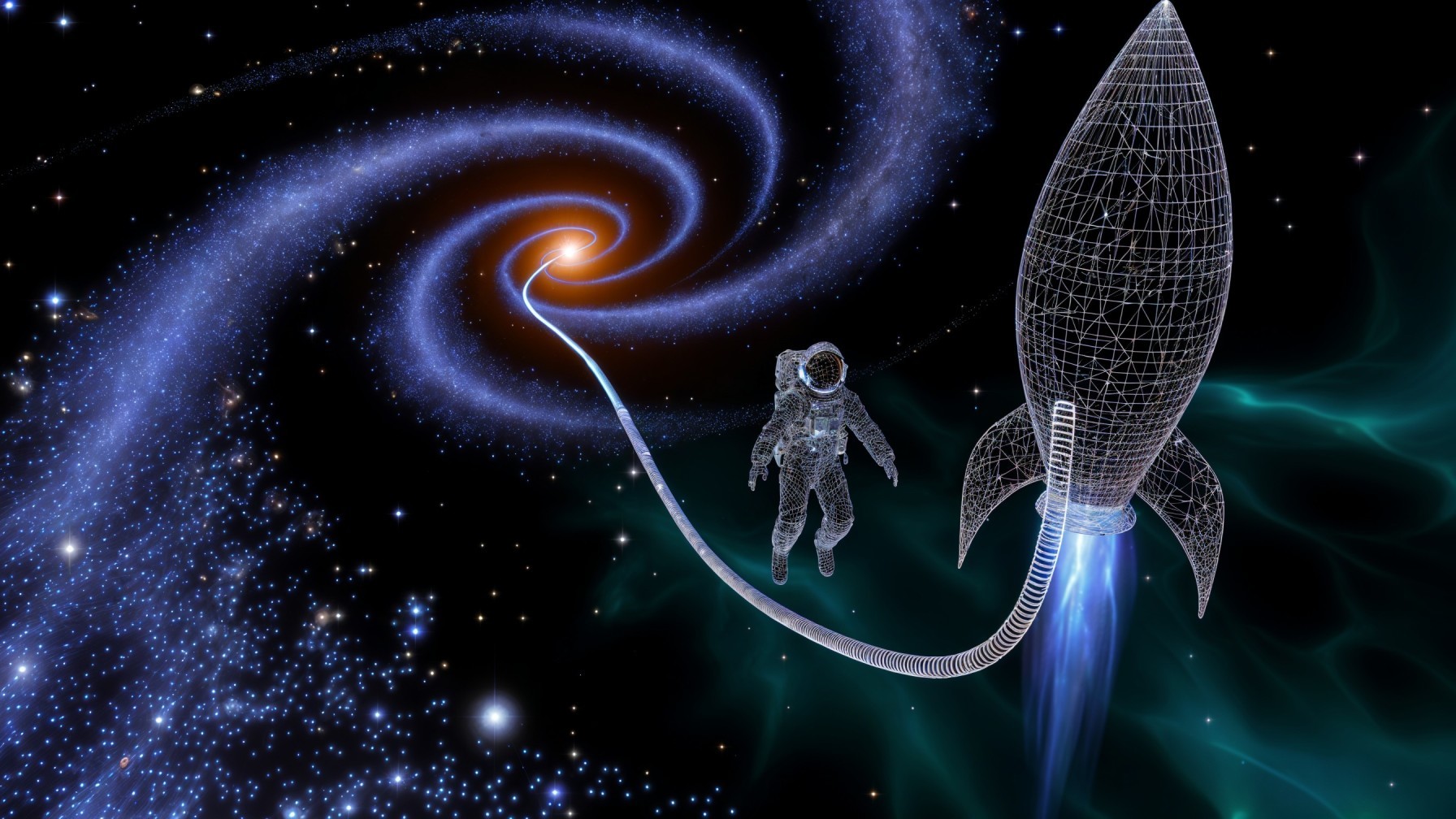 Wireframe Astronaut and Rocket in Cosmic Scene