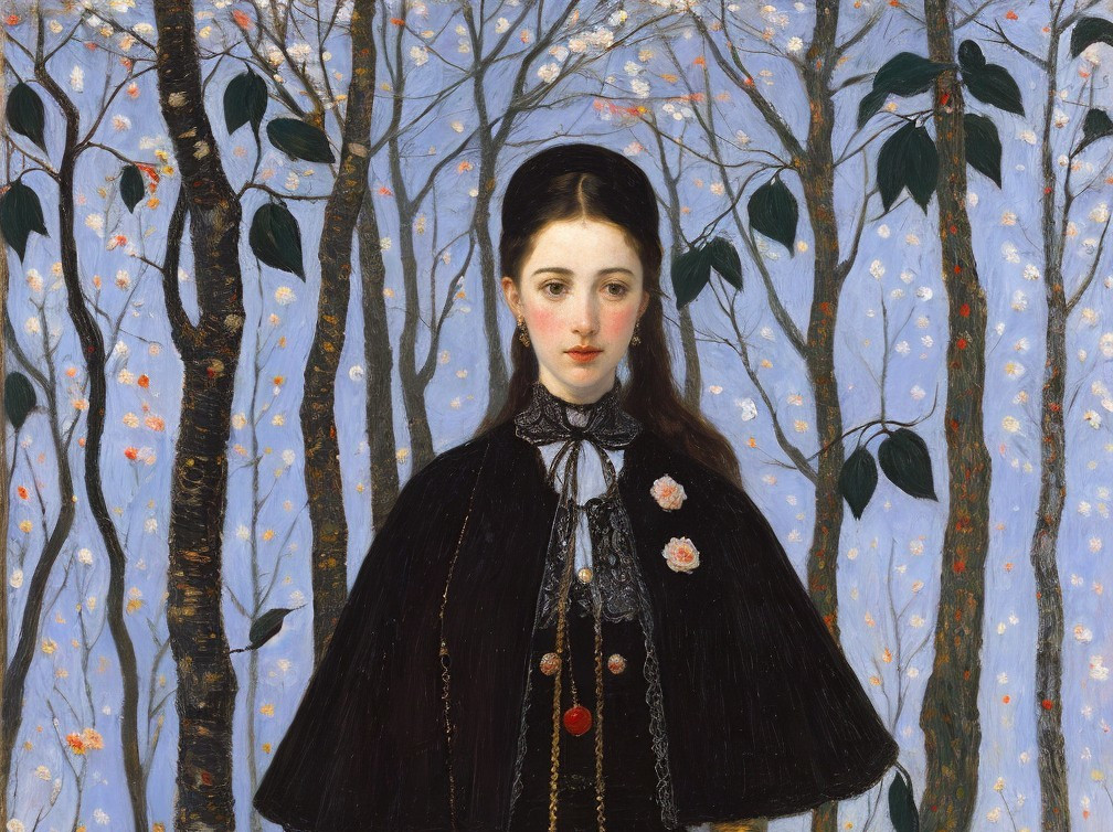 Young Woman in Cloak Amidst Flowering Trees