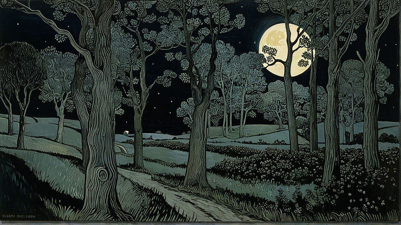 Serene Night Scene with Full Moon and Starry Sky