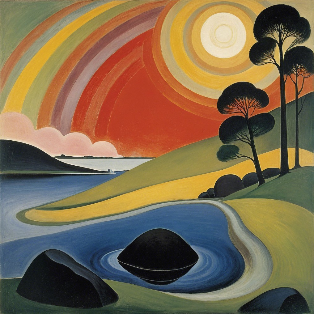 Colorful Landscape with Serene Lake and Rolling Hills