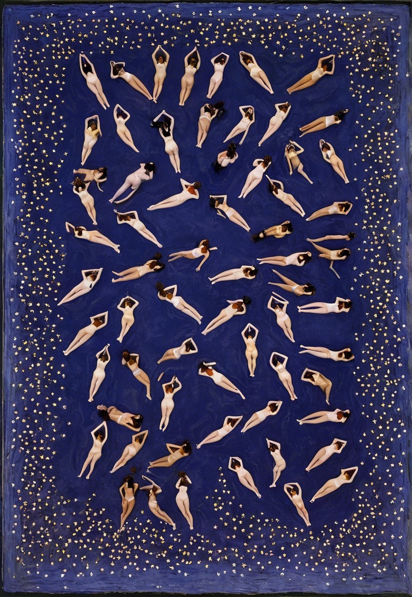 Aerial View of Individuals on Deep Blue Surface