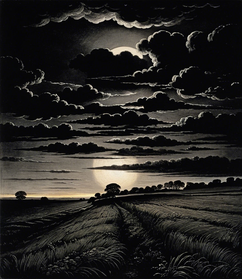 Dramatic Night Sky with Moon Over Serene Landscape