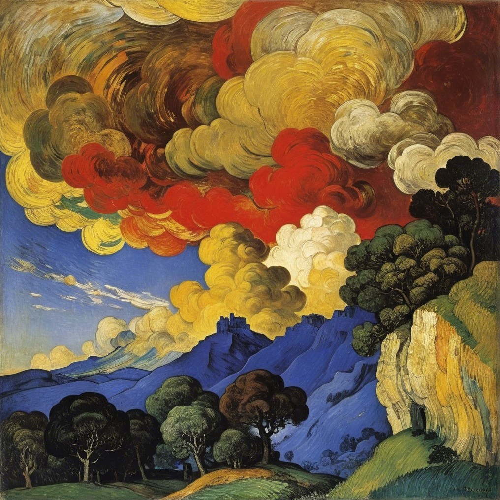 Dramatic Landscape with Rolling Hills and Vivid Sky