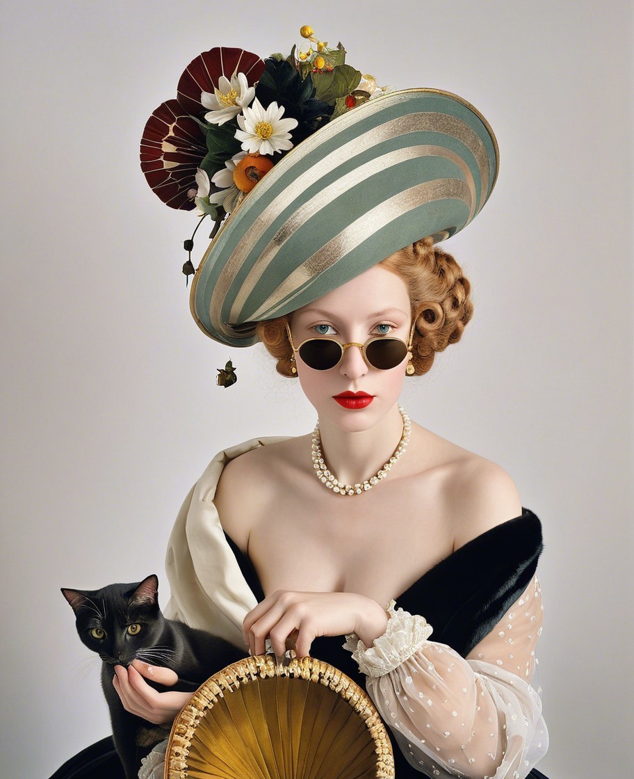 Elegant Woman in Striped Hat with Black Cat