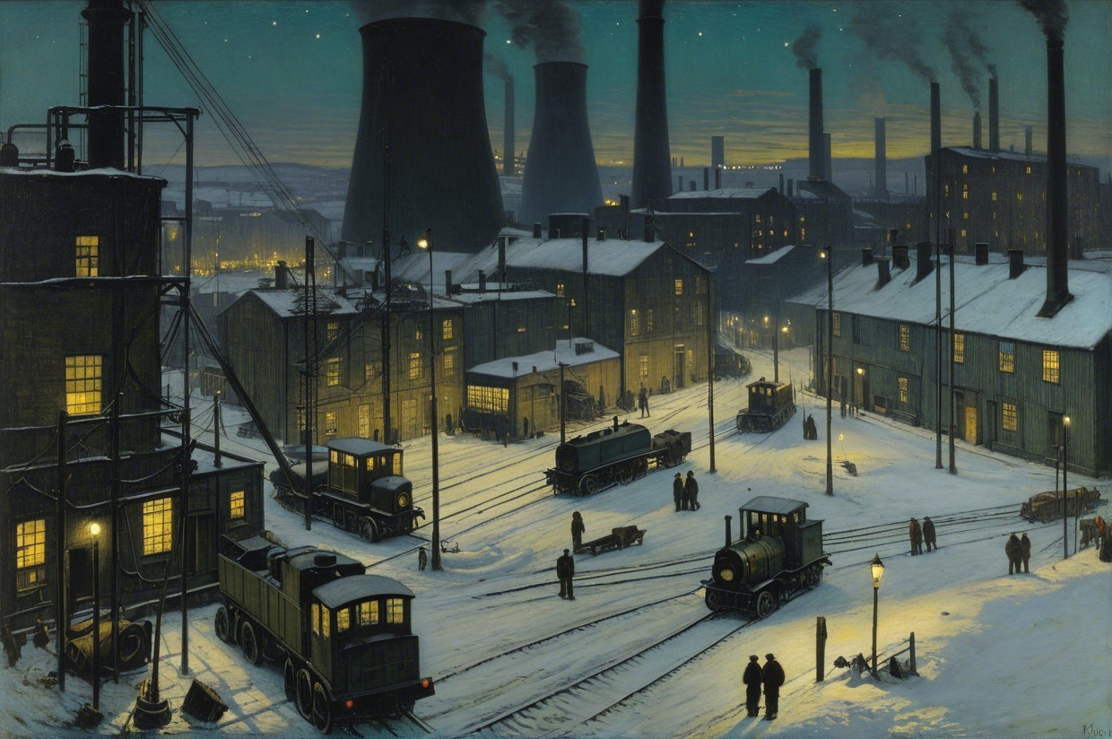 Snowy Industrial Landscape with Steam Locomotives at Dusk