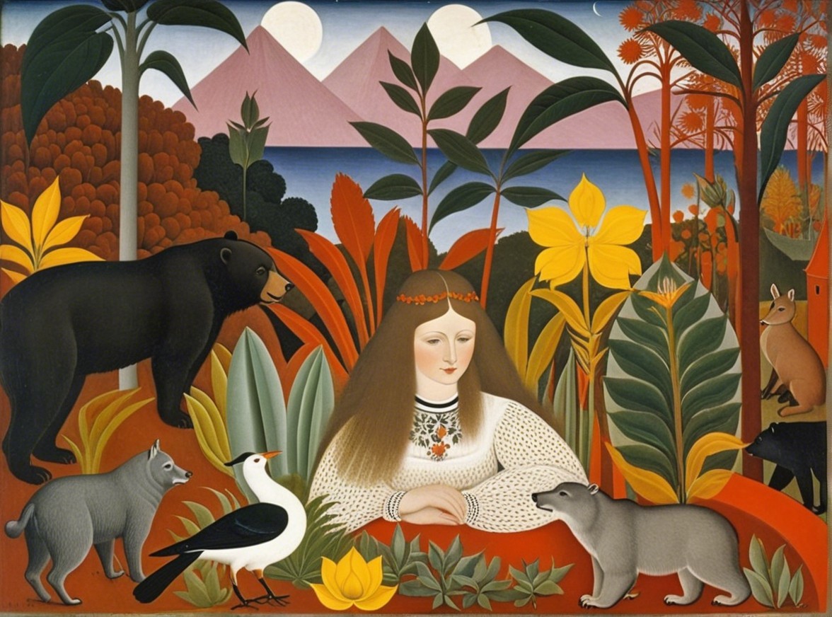 Serene Woman with Floral Crown Surrounded by Nature