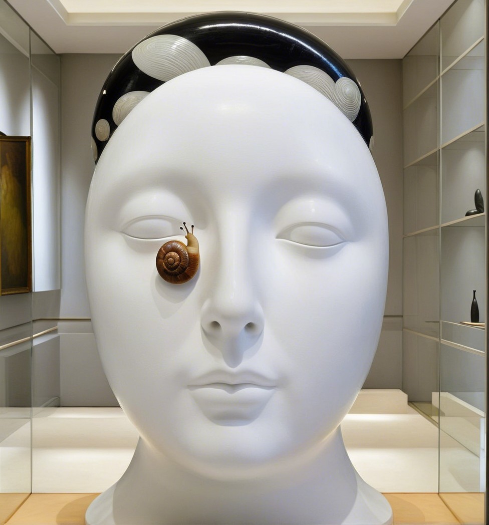 Large White Human Head Sculpture with Snail Detail
