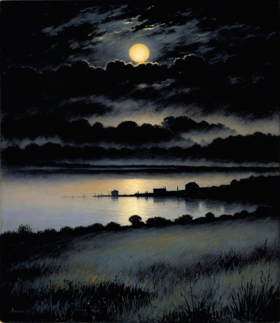 Serene Night Scene with Full Moon Over Water