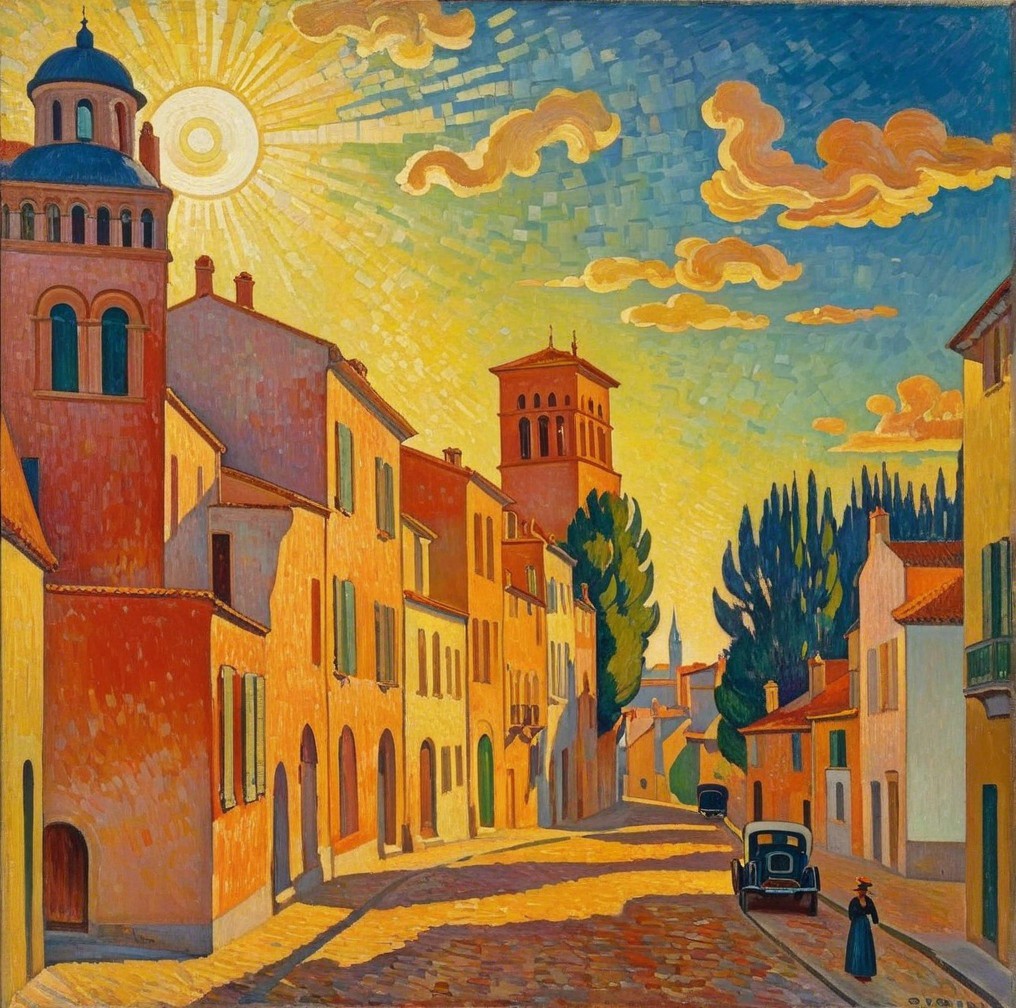 Vibrant Sunlit Street Scene with Quaint Architecture